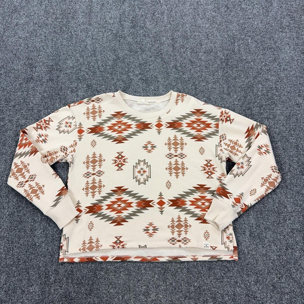 Lucky Brand Sweatshirt Womens Medium White Aztec Print Fleece Pullover‎